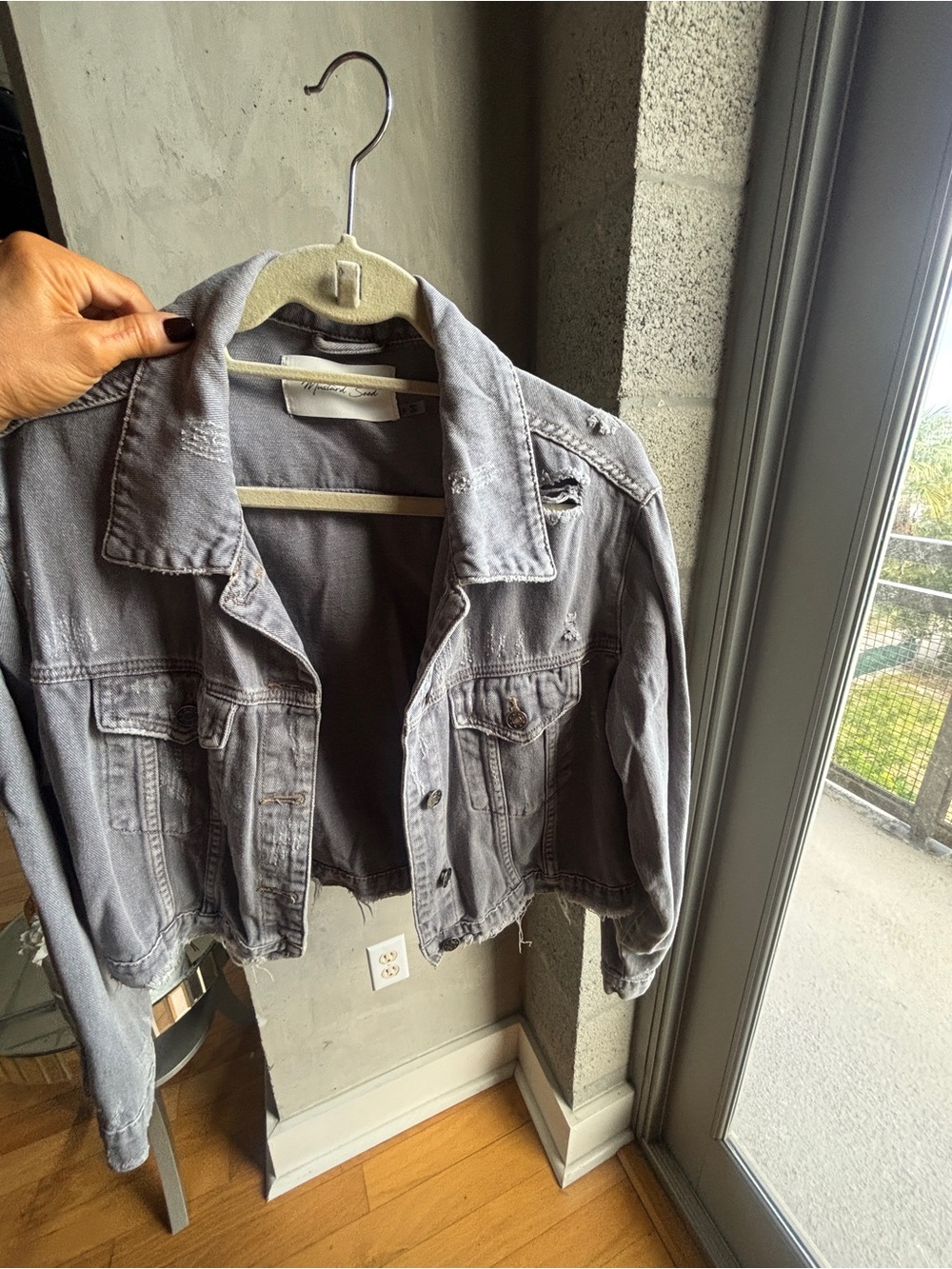Mustard Seed Cropped Gray Distressed Denim Jacket